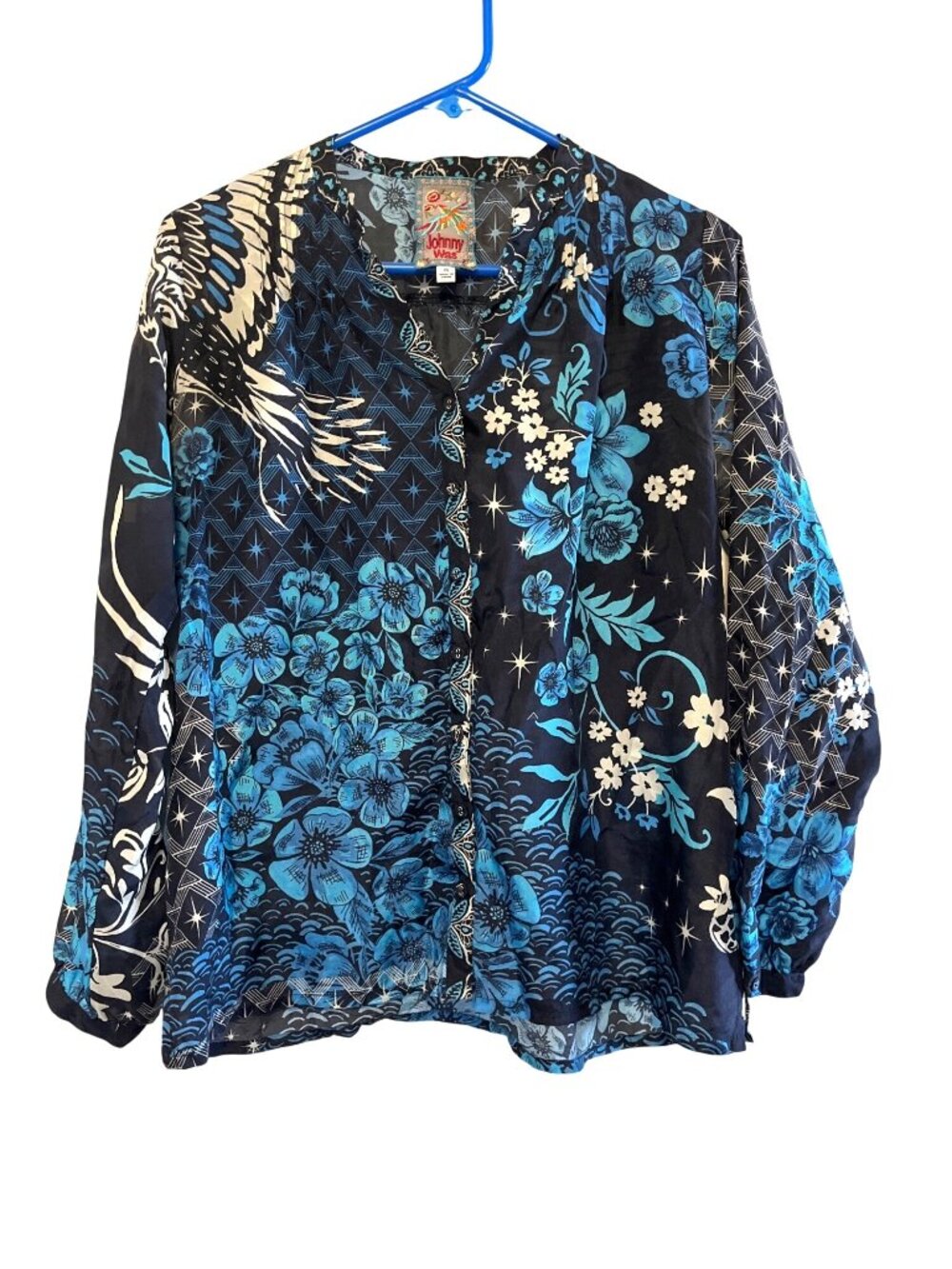 Johnny Was Phoenix Tate Silk Blouse XS Blue Floral & Bird Print Long Sleeve